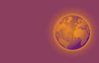 Grafische Darstellung der Erde mit Fingerabdruckmuster auf orangefarbenem Hintergrund